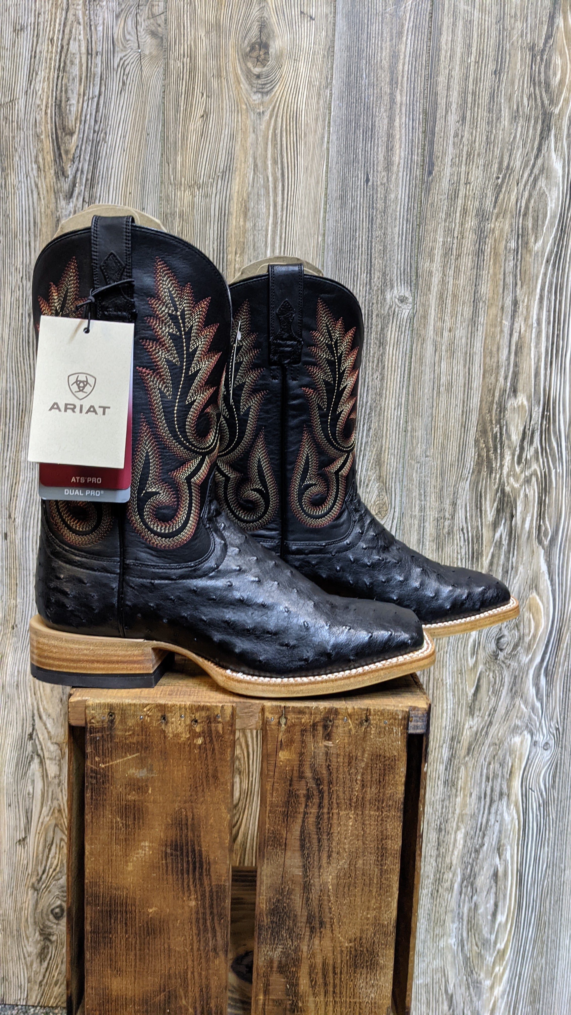 Ariat Barker Full Quill Black Ostrich Square Toe Western Boots 10031577